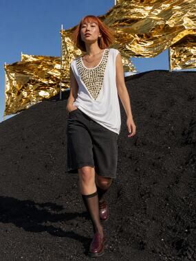 Adrienne Vittadini White Gold Studded Sleeveless Tunic Top Size M NWT
